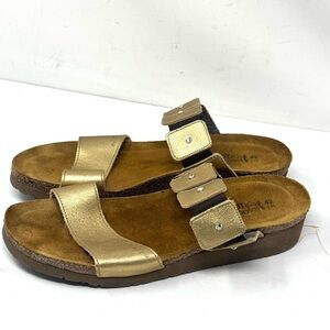 Naot Ashley Gold Leather Slide Sandal Low Wedge Cork Shoe